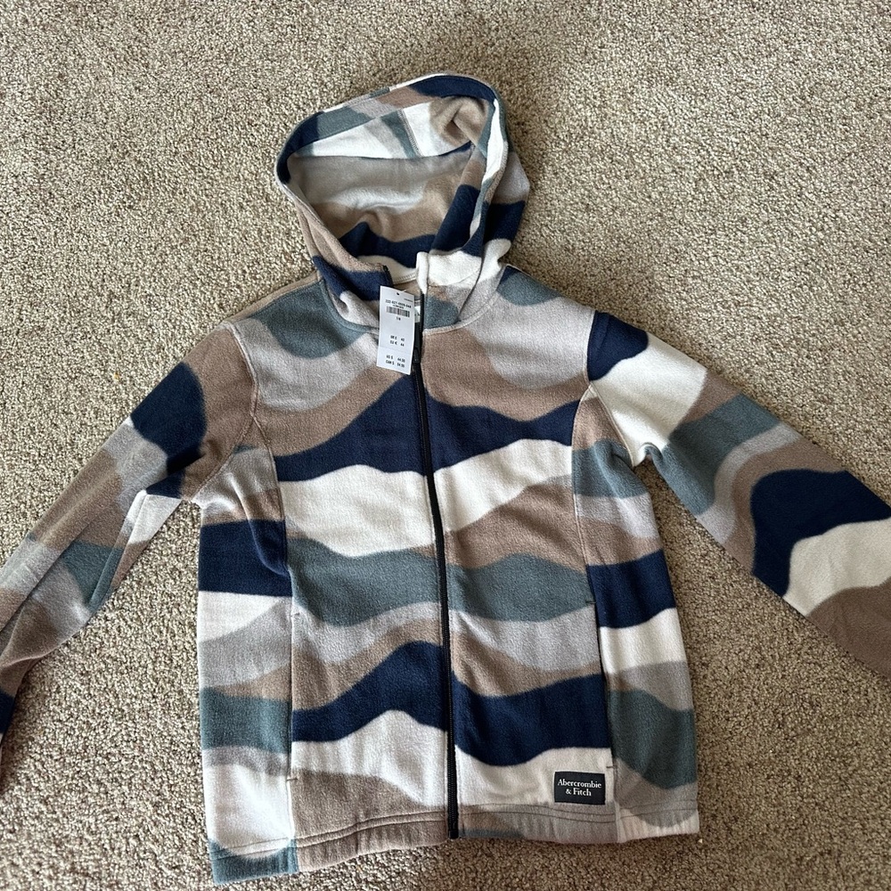 Abercrombie & Fitch Kids Hooded Zip-Up Fleece Jacket - Navy, Tan, Cream 7/8